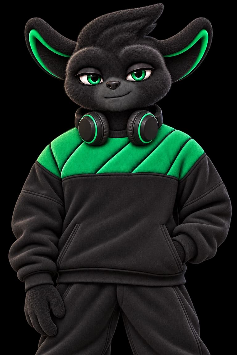 Bawzy with green-lined ears, a swept tuft, headphones and a green quilted sweatshirt.